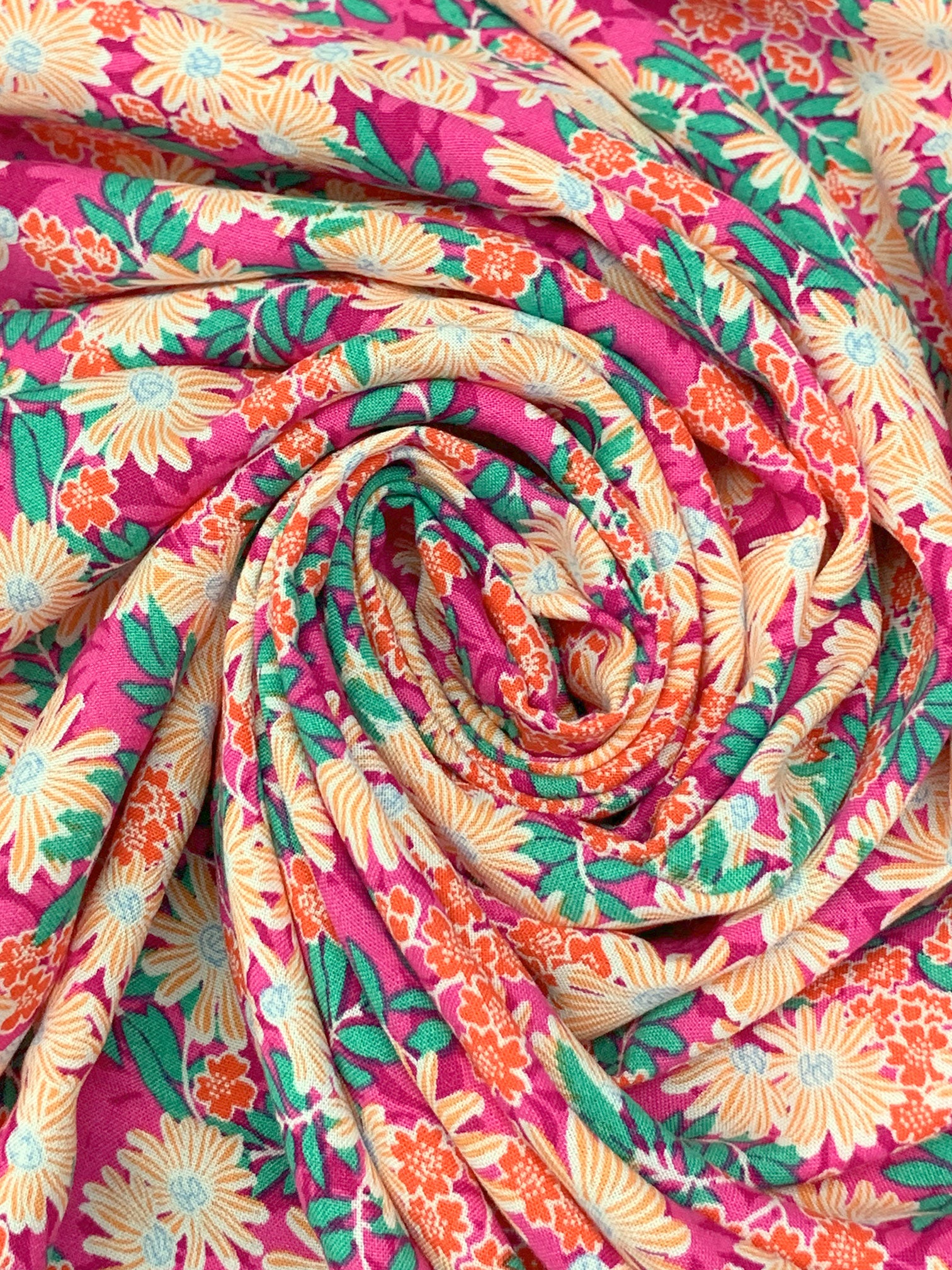 Deep Cerise/Jungle Green/Flame/Multi 100% Rayon Floral Print