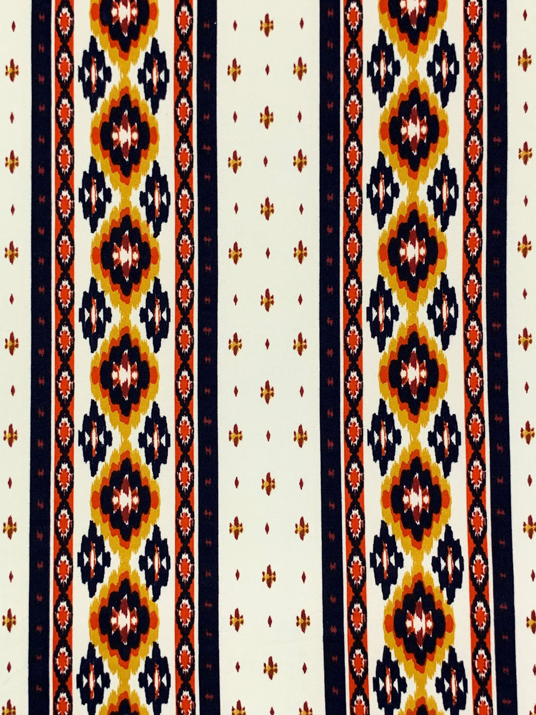 Eggshell/Dark Navy/Goldenrod/Red-Orange Polyester/Lycra Vertical Southwestern Stripe Print Double Brushed Knit 56W