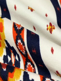 Eggshell/Dark Navy/Goldenrod/Red-Orange Polyester/Lycra Vertical Southwestern Stripe Print Double Brushed Knit 56W