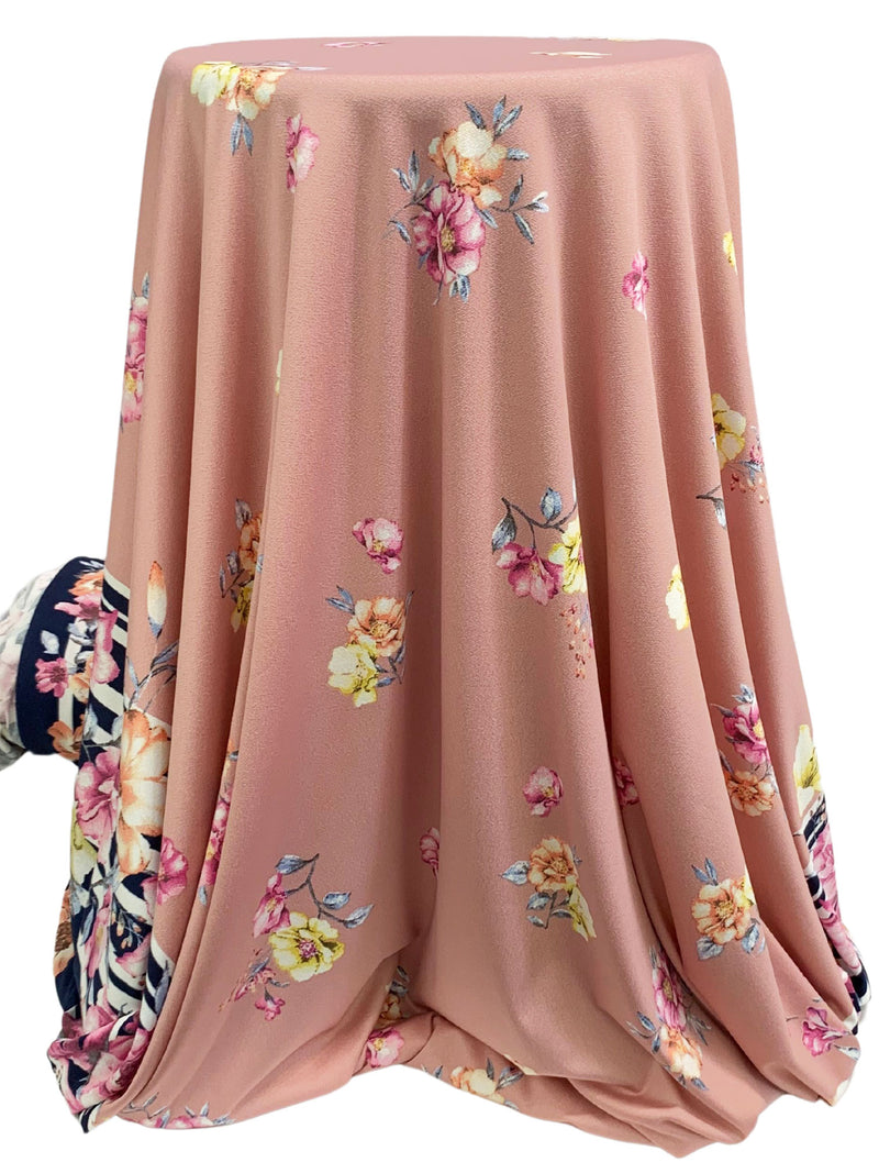 Dusty Rose/Prussian/Dandelion/Multi Polyester/Lycra Double Border Floral Print Crepe ITY Knit 56W