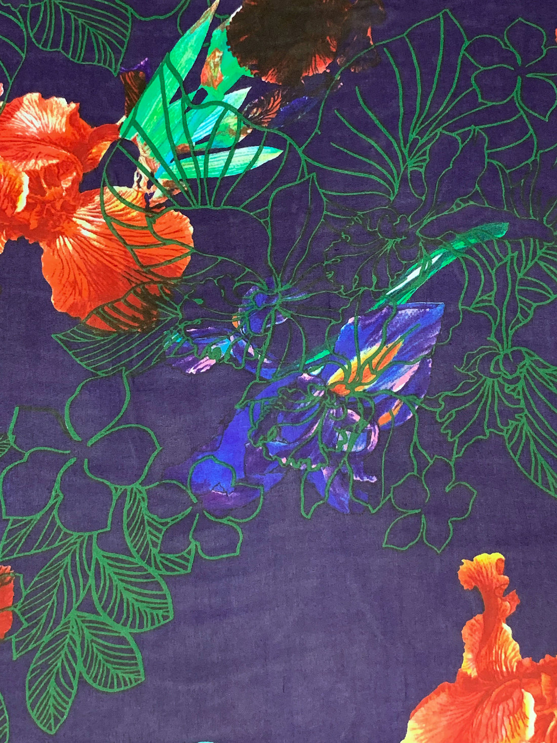 Deep Blue/Vermilion/Deep Moss/Multi 100% Silk Floral Print Chiffon 52W
