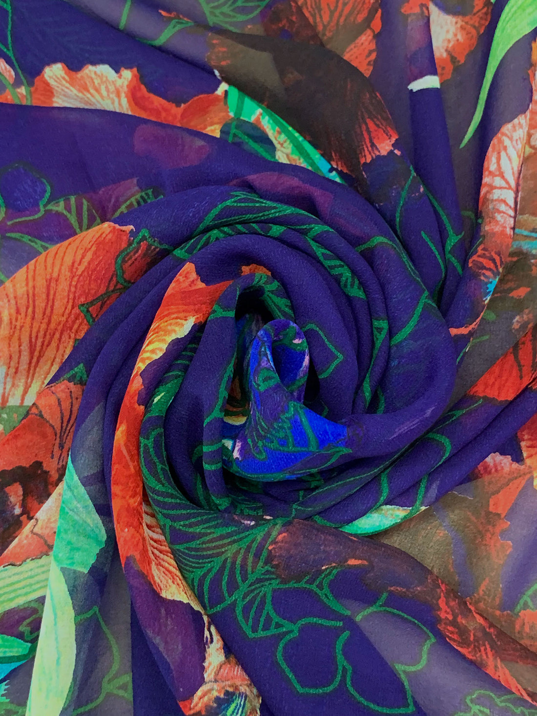 Deep Blue/Vermilion/Deep Moss/Multi 100% Silk Floral Print Chiffon 52W