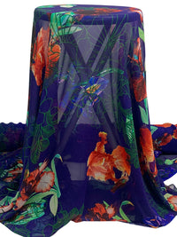 Deep Blue/Vermilion/Deep Moss/Multi 100% Silk Floral Print Chiffon 52W