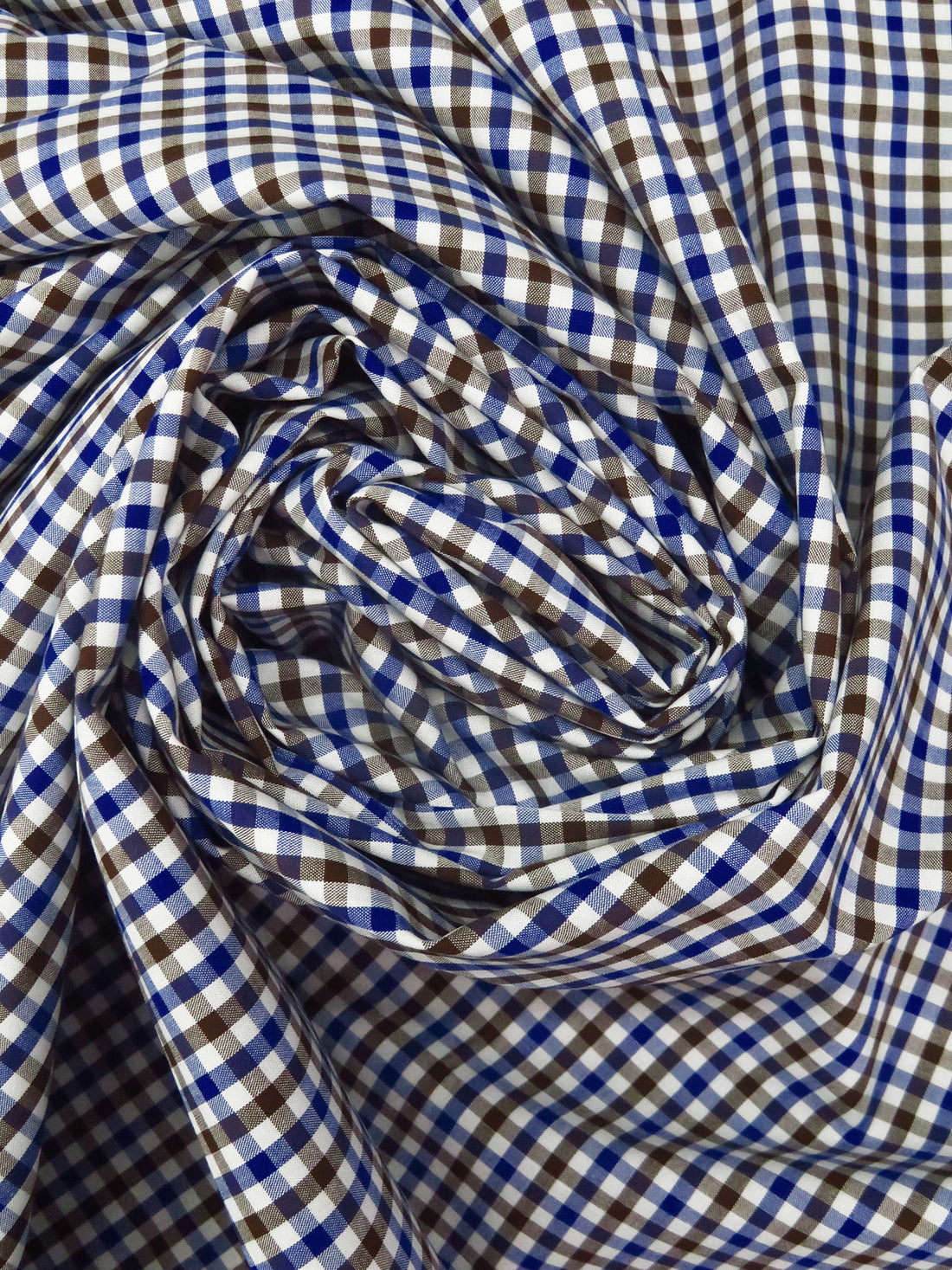 White/Royal Blue/Russet Brown 100% Cotton Small Gingham Check Plaid Weave Shirting 56W