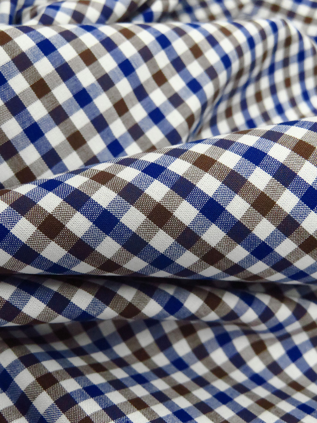 White/Royal Blue/Russet Brown 100% Cotton Small Gingham Check Plaid Weave Shirting 56W