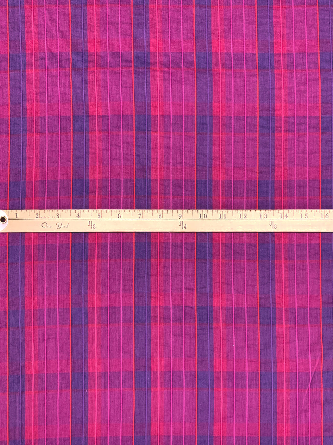 Cerise Pink/Imperial Purple/Royal Pink Cotton/Lycra Yarn-Plaid Raised Vertical Stripe Weave Stretch Shirting - Imported From Italy - 51W