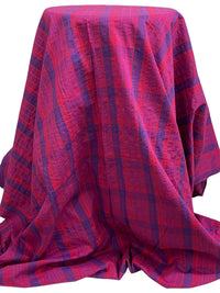 Cerise Pink/Imperial Purple/Royal Pink Cotton/Lycra Yarn-Plaid Raised Vertical Stripe Weave Stretch Shirting - Imported From Italy - 51W
