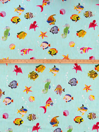 Pale Turquoise/Lemon/Cerise/Multi Polyester/Lycra Sea Creatures Print 4-Way Stretch Knit - Imported From Italy By A NY Designer - 57W