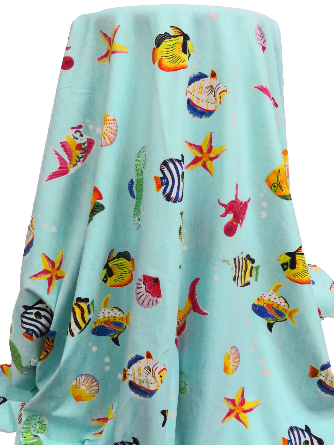 Pale Turquoise/Lemon/Cerise/Multi Polyester/Lycra Sea Creatures Print 4-Way Stretch Knit - Imported From Italy By A NY Designer - 57W