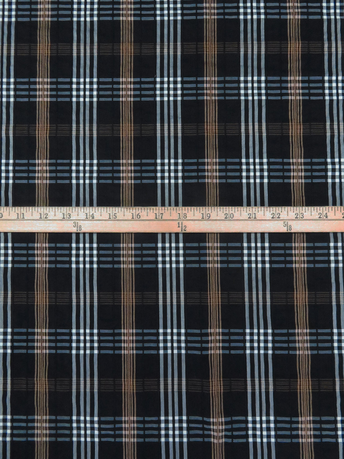Black/Beige/Raw Sienna Cotton/Lycra Yarn-Plaid Weave Stretch Shirting - NY Designer - 52W