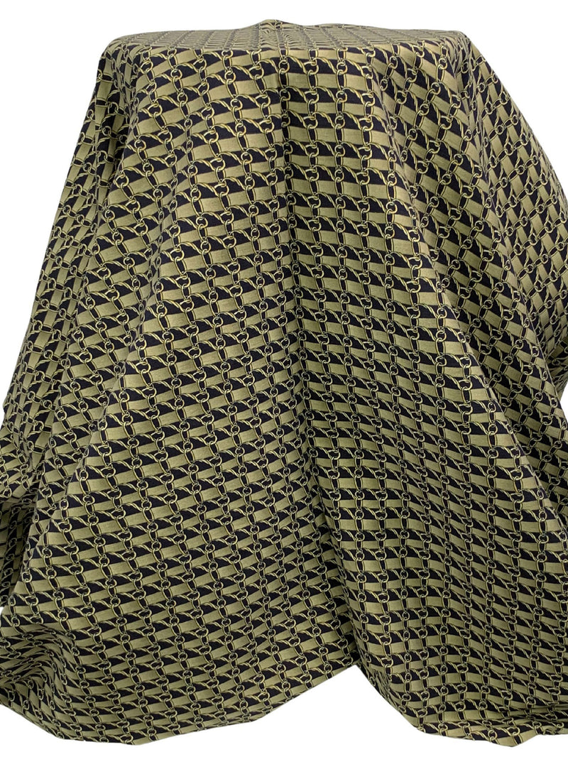 Misty Moss/Black/Pale Goldenrod Rayon/Nylon/Lycra Belt Loops Print Stretch Bengaline Suiting 57W