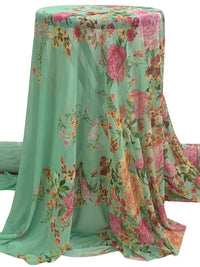 Dark Sea Green/Rose Pink/Multi Nylon/Lycra Large Single Border Floral Print Mesh Knit 54W