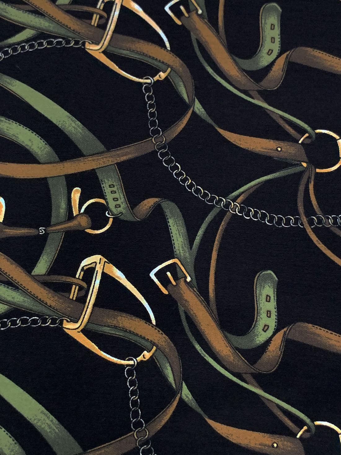 Golden Oak/Black/Wheat Rayon/Nylon/Lycra Belts & Chains Print Stretch Bengaline Suiting 57W