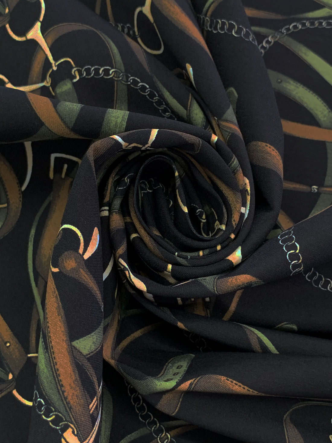 Golden Oak/Black/Wheat Rayon/Nylon/Lycra Belts & Chains Print Stretch Bengaline Suiting 57W
