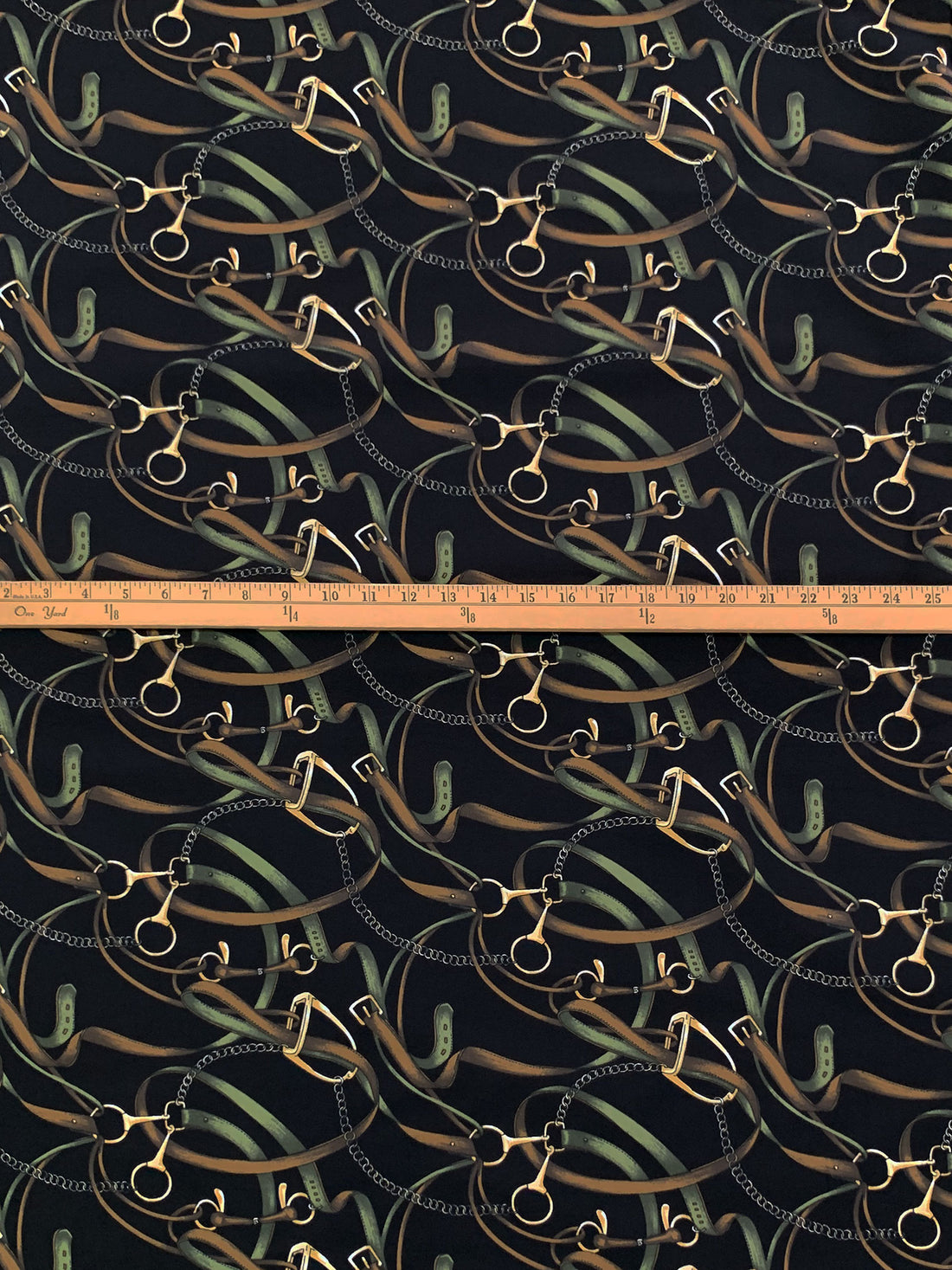 Golden Oak/Black/Wheat Rayon/Nylon/Lycra Belts & Chains Print Stretch Bengaline Suiting 57W