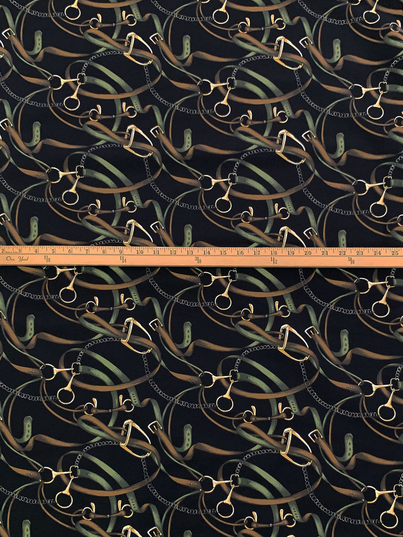 Golden Oak/Black/Wheat Rayon/Nylon/Lycra Belts & Chains Print Stretch Bengaline Suiting 57W