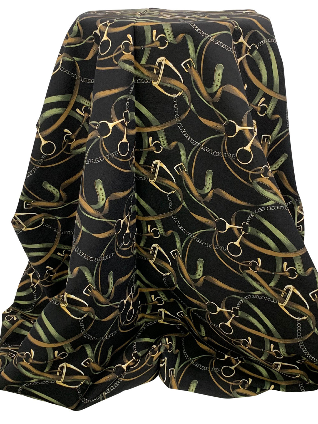 Golden Oak/Black/Wheat Rayon/Nylon/Lycra Belts & Chains Print Stretch Bengaline Suiting 57W