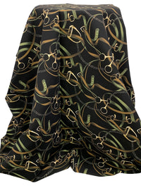 Golden Oak/Black/Wheat Rayon/Nylon/Lycra Belts & Chains Print Stretch Bengaline Suiting 57W