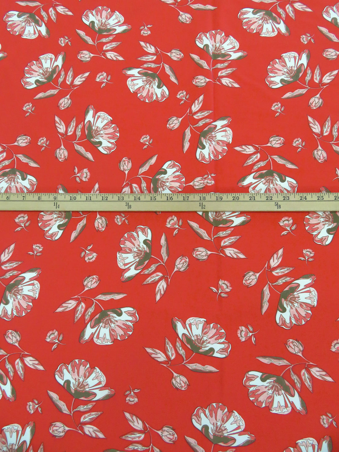Muted Vermilion/White/Dark Tan/Multi Rayon/Nylon/Lycra Floral Stem Print Stretch Bengaline Suiting - NY Designer - 58W