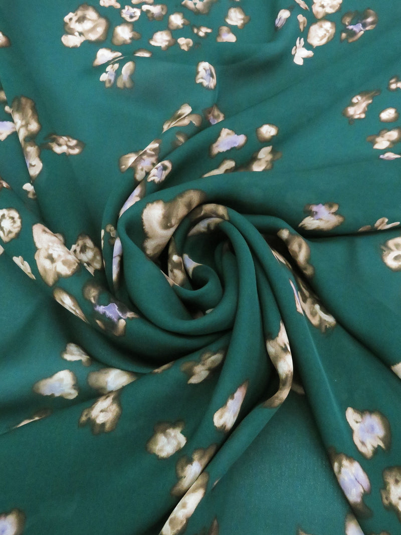 Evergreen/Periwinkle/Coffee/Multi 100% Silk Painterly Floral Print Double Georgette - NY Designer - 53W