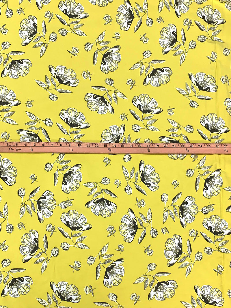 Lemon/White/Dark Taupe Rayon/Nylon/Lycra Floral Print Stretch Bengaline Suiting 58W