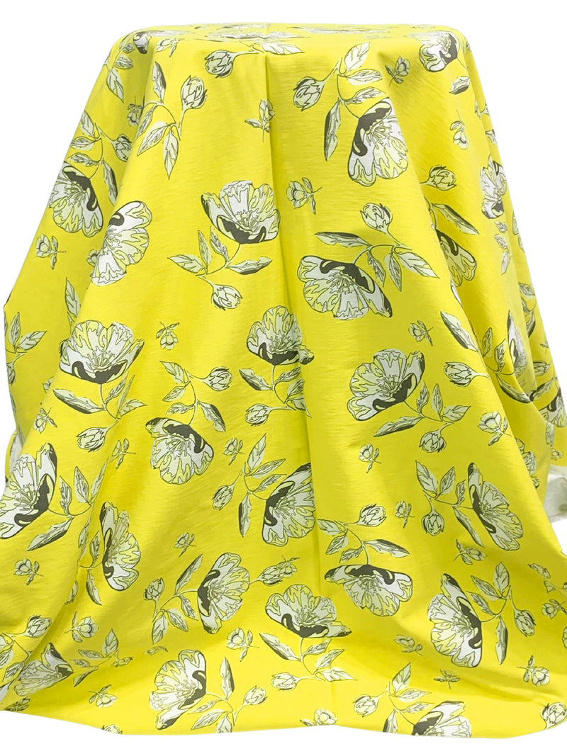 Lemon/White/Dark Taupe Rayon/Nylon/Lycra Floral Print Stretch Bengaline Suiting 58W