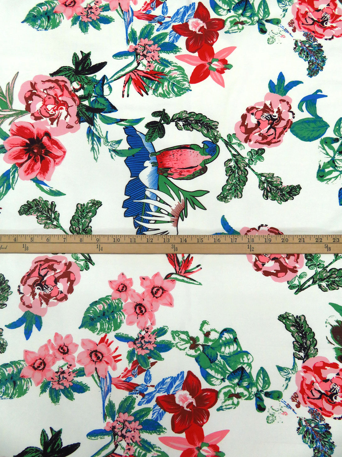 White/May Green/Dusty Rose/Multi  Rayon/Nylon/Lycra Floral And Parrot Print Stretch Bengaline Suiting - NY Designer - 56W
