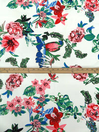 White/May Green/Dusty Rose/Multi  Rayon/Nylon/Lycra Floral And Parrot Print Stretch Bengaline Suiting - NY Designer - 56W