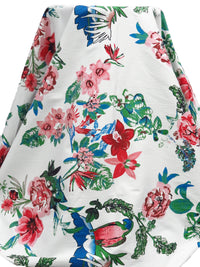 White/May Green/Dusty Rose/Multi  Rayon/Nylon/Lycra Floral And Parrot Print Stretch Bengaline Suiting - NY Designer - 56W