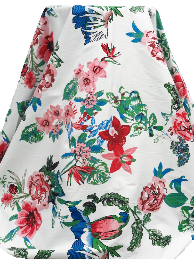 White/May Green/Dusty Rose/Multi  Rayon/Nylon/Lycra Floral And Parrot Print Stretch Bengaline Suiting - NY Designer - 56W