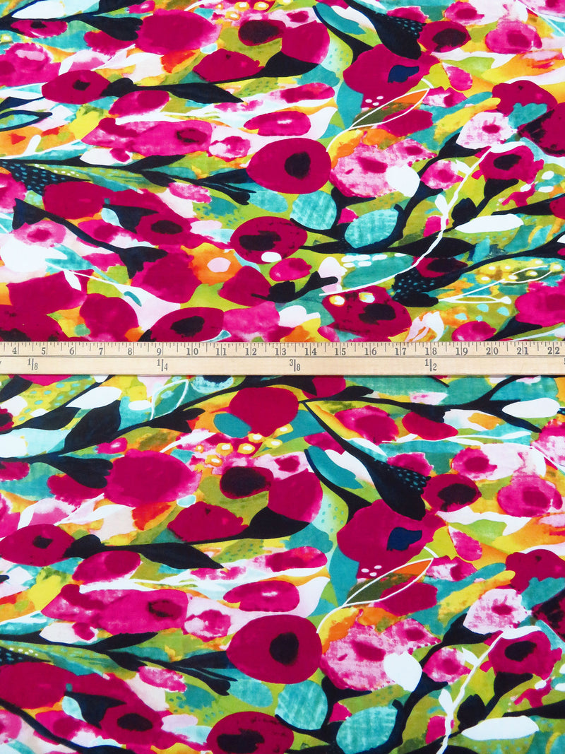 Magenta/Lemon/Aqua/Multi Rayon/Nylon/Lycra Painterly Abstract Floral Print Stretch Bengaline Suiting - NY Designer - 56W