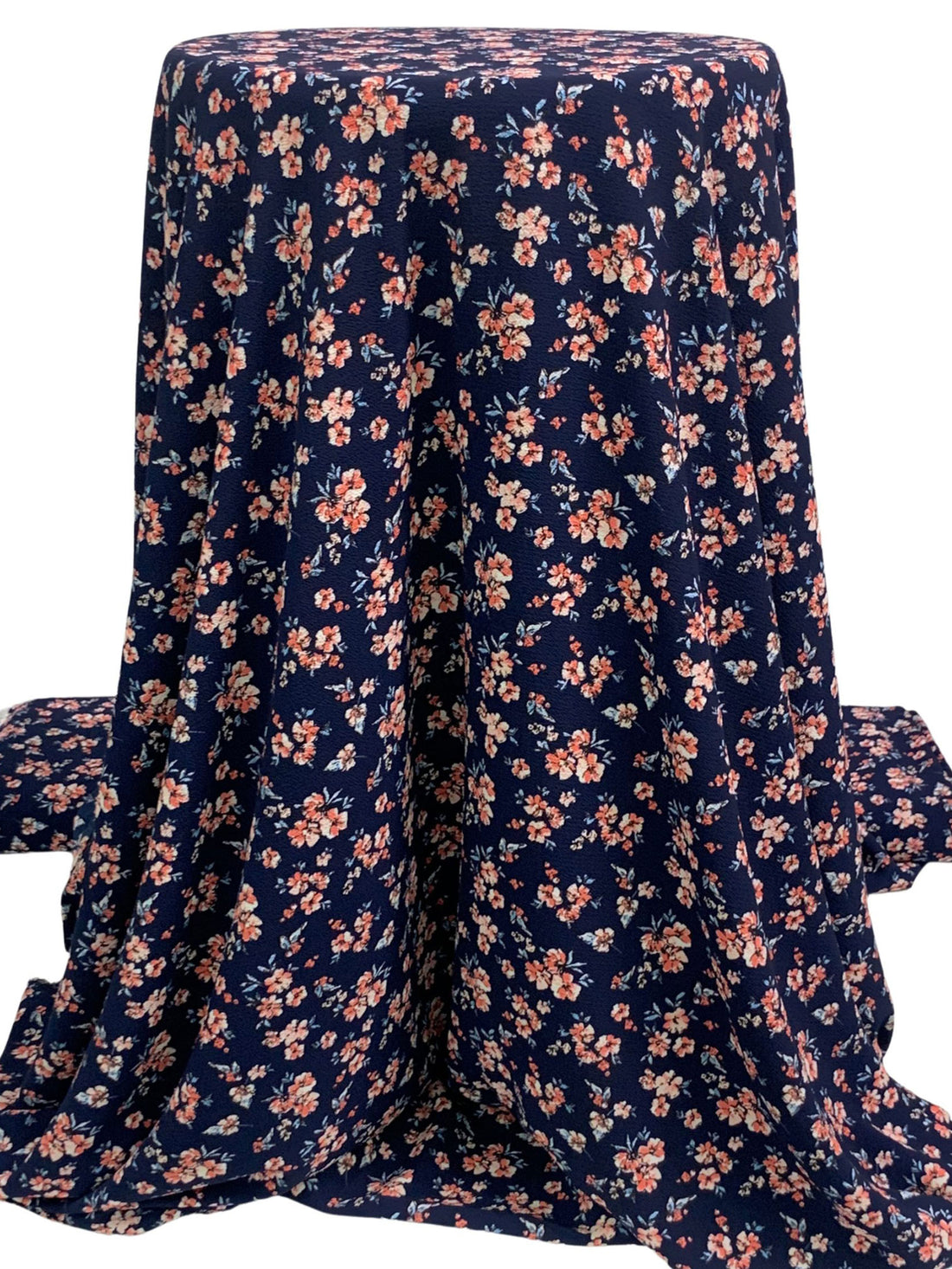 Deep Navy Blue/Coral/White/Multi 100% Polyester Floral Print Bubble Crepe 59W