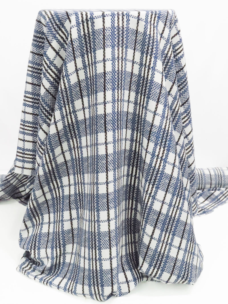 Dark Lapis Blue/White/Black/Smoked Gray 100% Silk Plaid Print Crepe de Chine - NY Designer - 44W