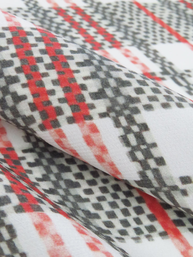 Hot Strawberry/White/Smoked Gray/Multi 100% Silk Plaid Print Crepe de Chine - NY Designer - 44W