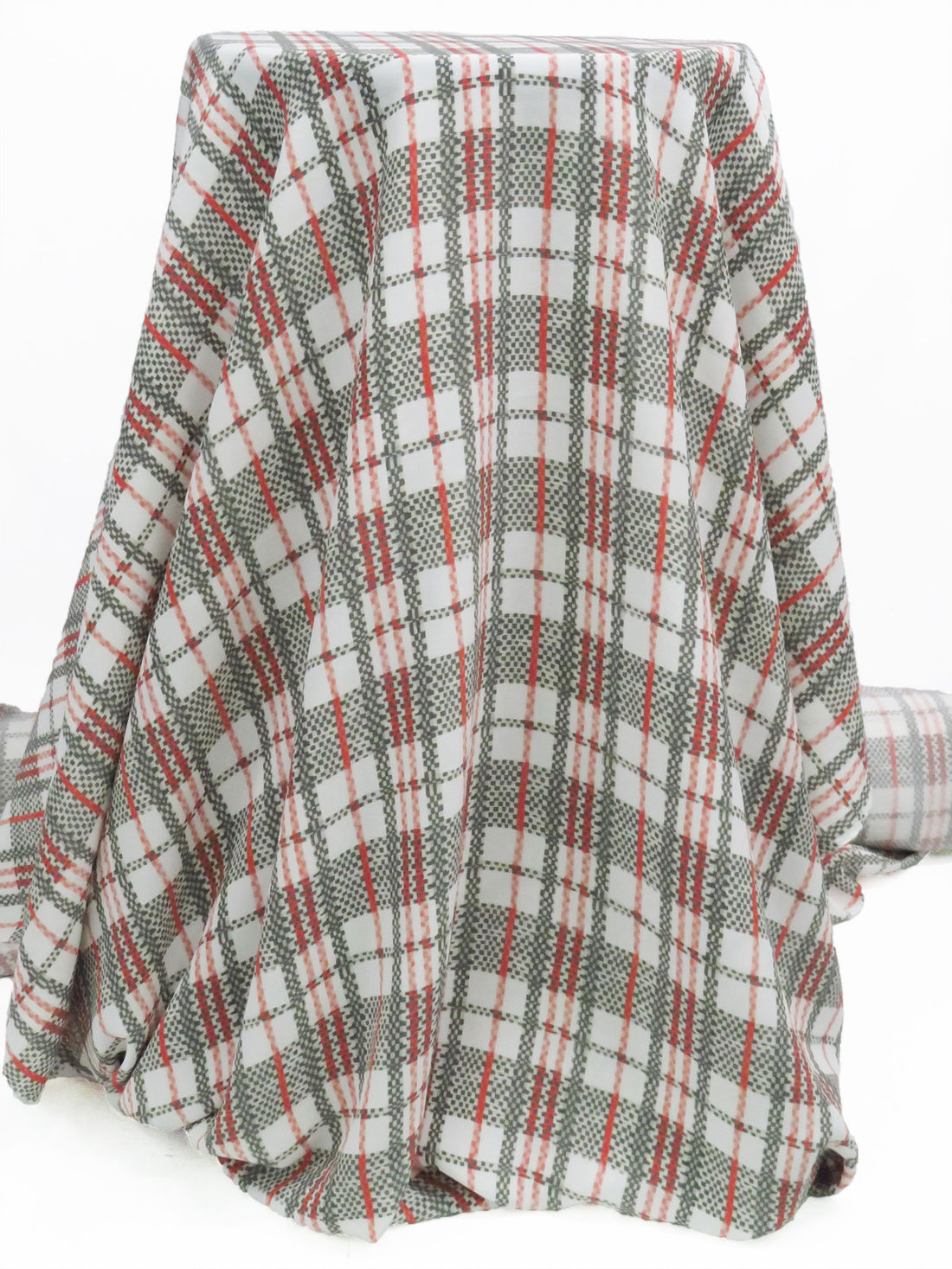 Hot Strawberry/White/Smoked Gray/Multi 100% Silk Plaid Print Crepe de Chine - NY Designer - 44W