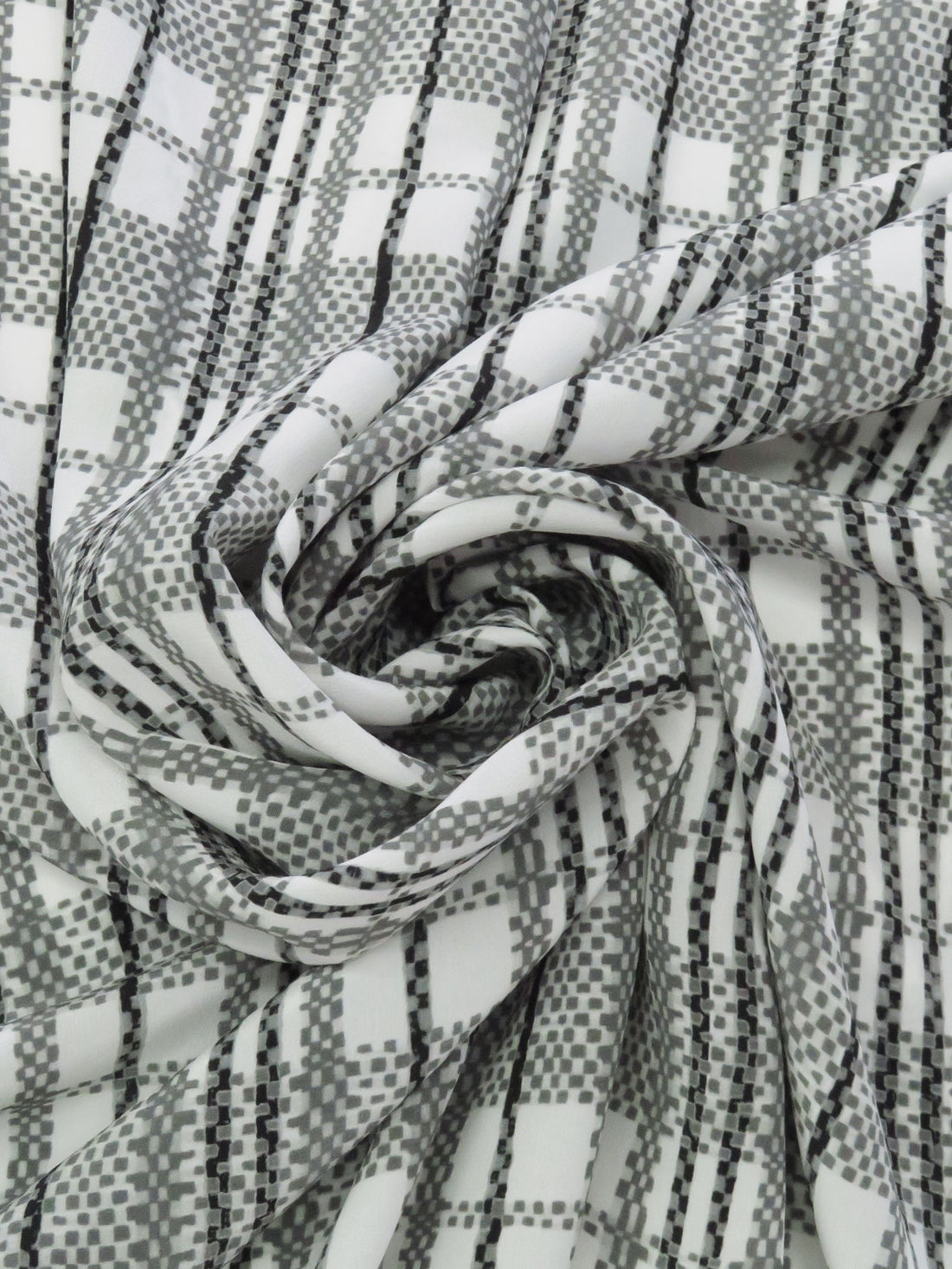 Iron Gray/White/Black/Smoked Gray 100% Silk Plaid Print Crepe de Chine - NY Designer - 44W