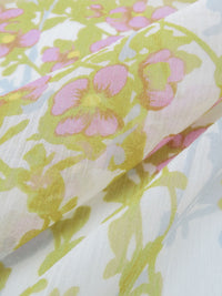 Olive/Taffy Pink/Pale Shadow Blue/Multi 100% Silk Floral Print Crinkle Chiffon - NY Designer - 50W