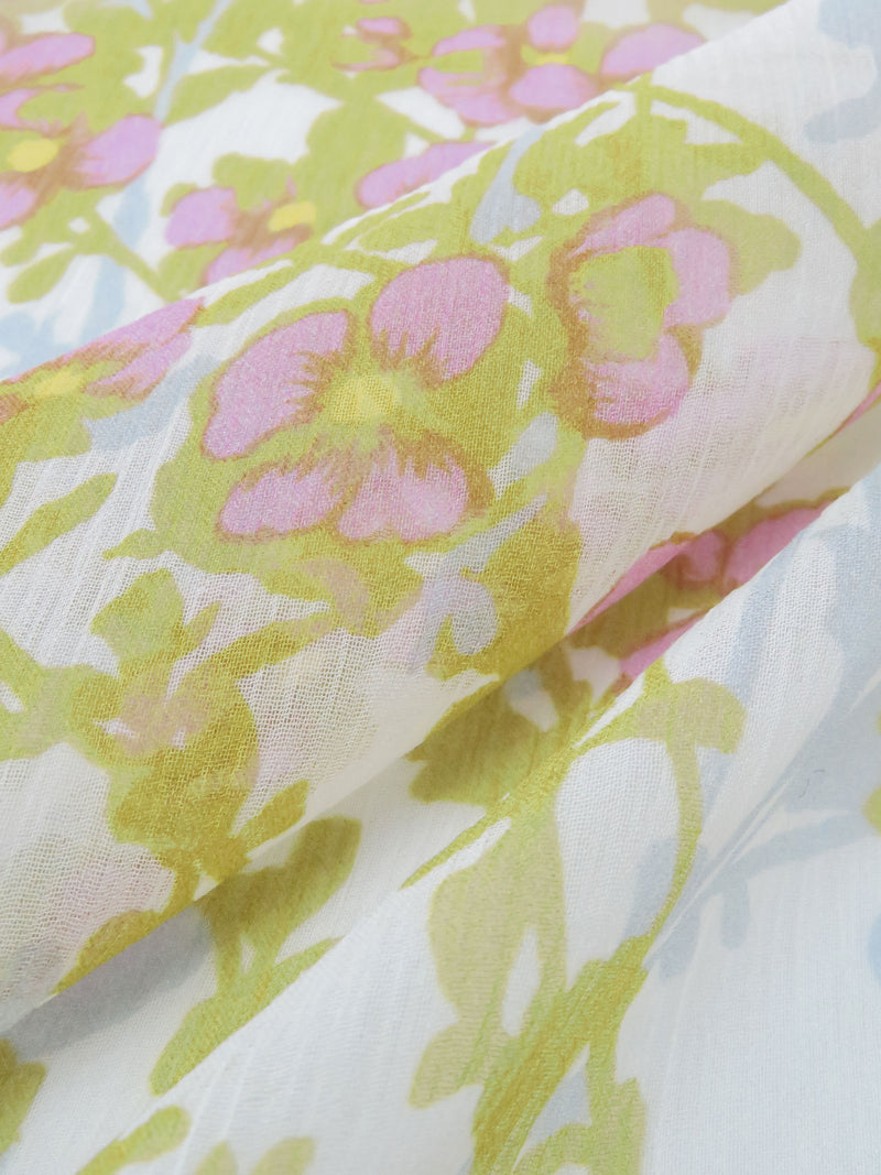 Olive/Taffy Pink/Pale Shadow Blue/Multi 100% Silk Floral Print Crinkle Chiffon - NY Designer - 50W