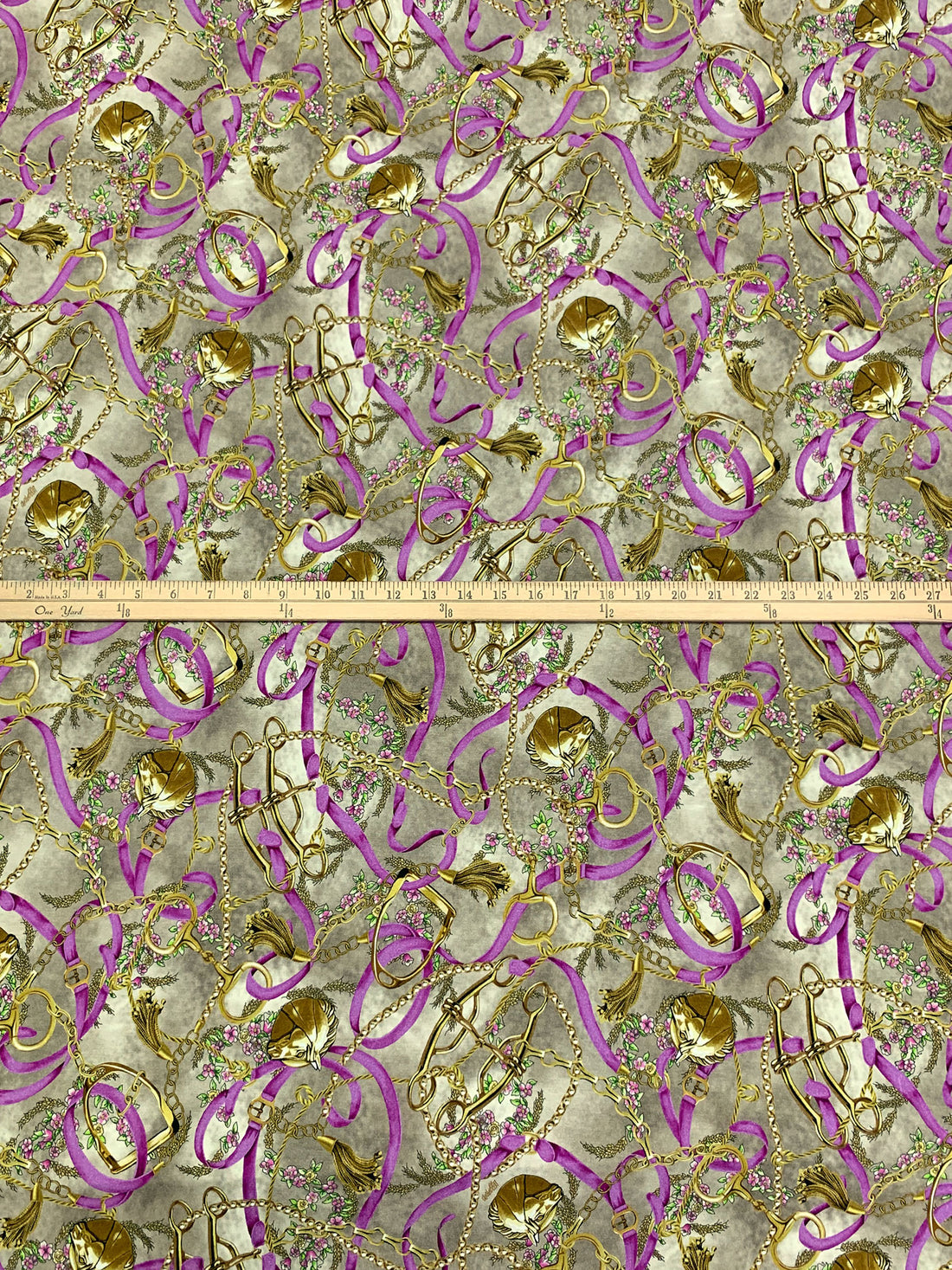 Deep Fuchsia/Yukon Gold/Multi Rayon/Lycra Ornate Chains & Belts Print Jersey Knit - Imported From Italy - 54W