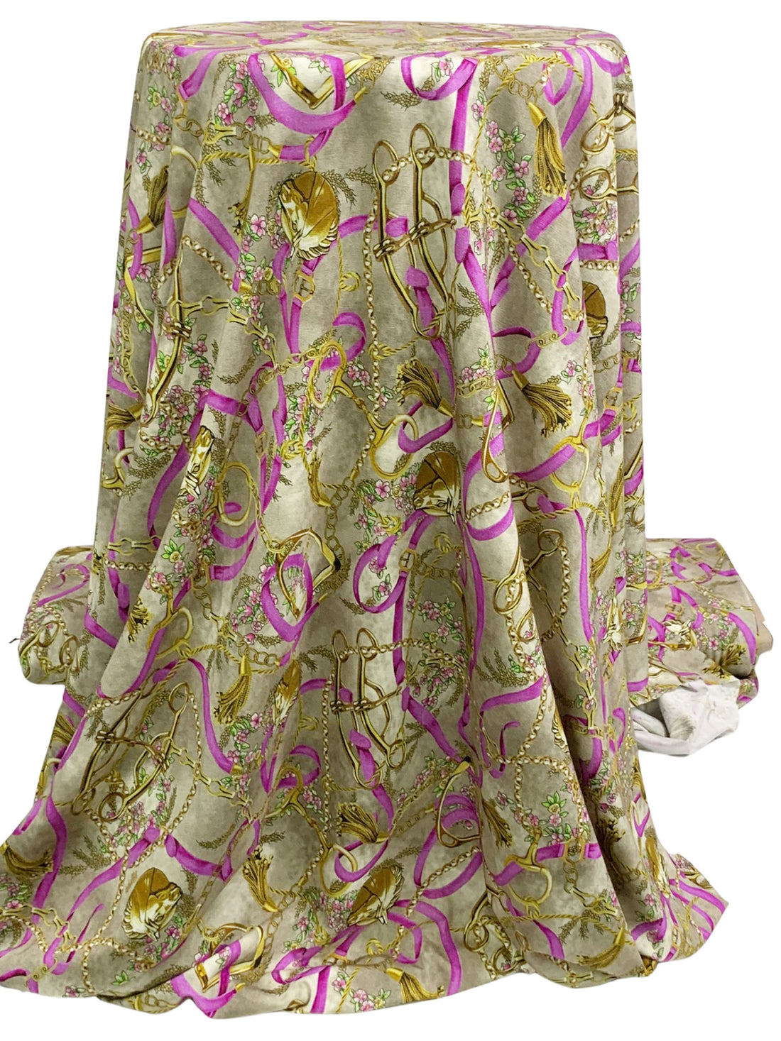 Deep Fuchsia/Yukon Gold/Multi Rayon/Lycra Ornate Chains & Belts Print Jersey Knit - Imported From Italy - 54W
