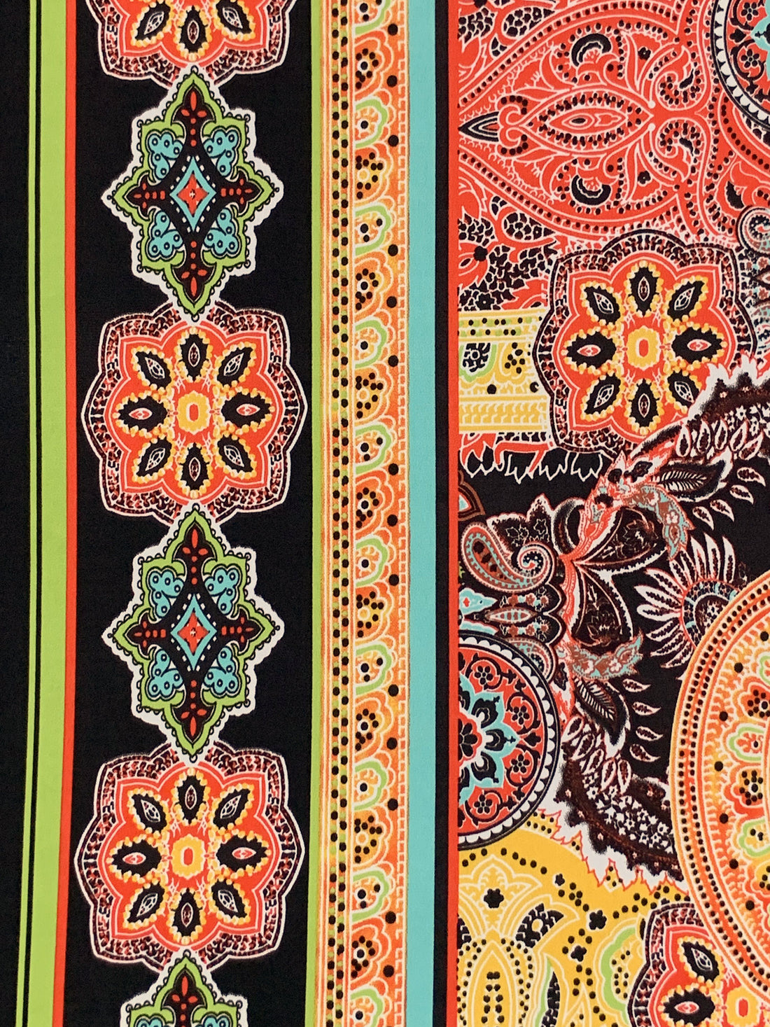 Mango/Black/Vermilion/Multi Polyester/Lycra Double Border Ornate Bohemian Print ITY Knit 59W