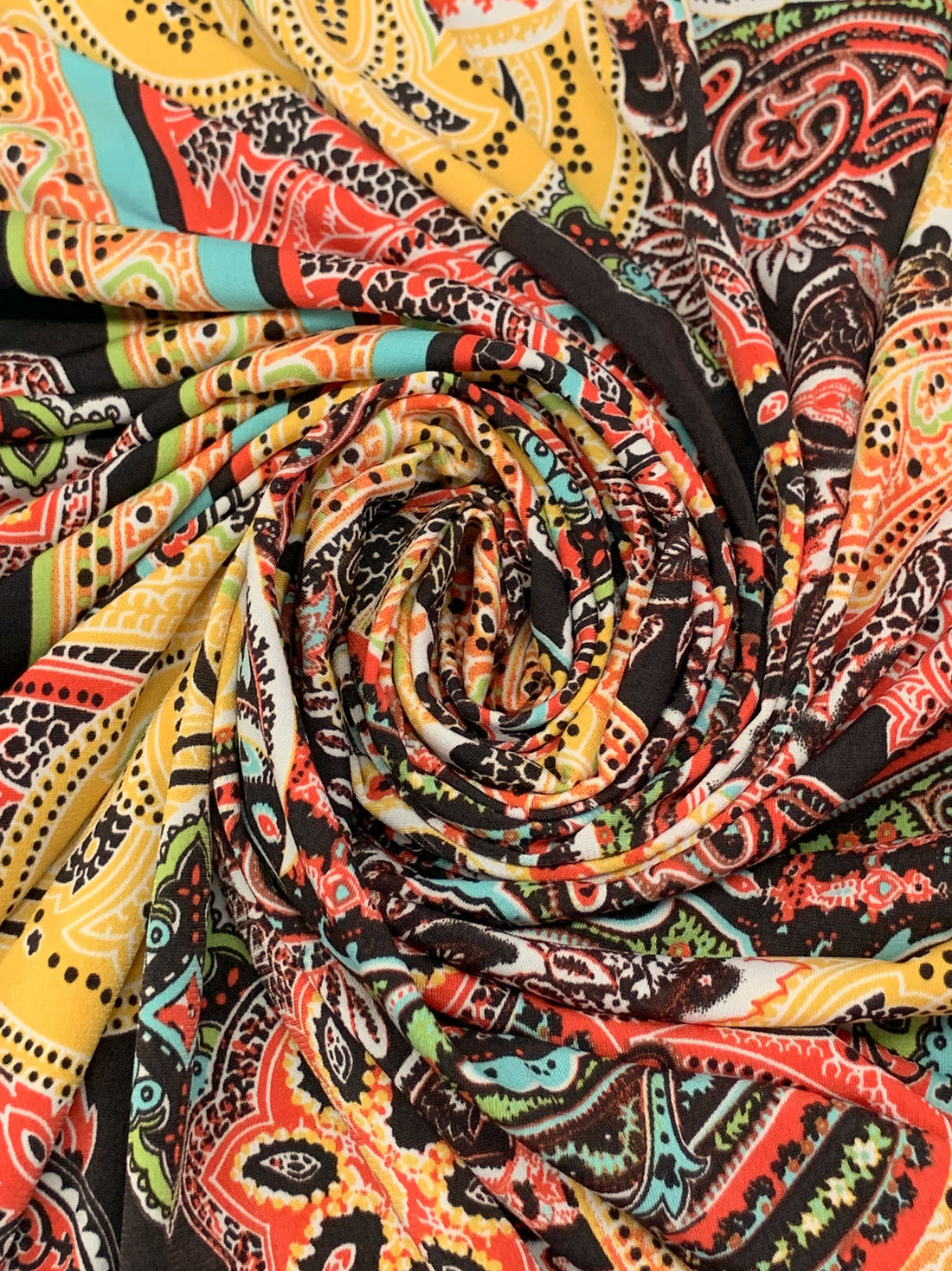Mango/Black/Vermilion/Multi Polyester/Lycra Double Border Ornate Bohemian Print ITY Knit 59W