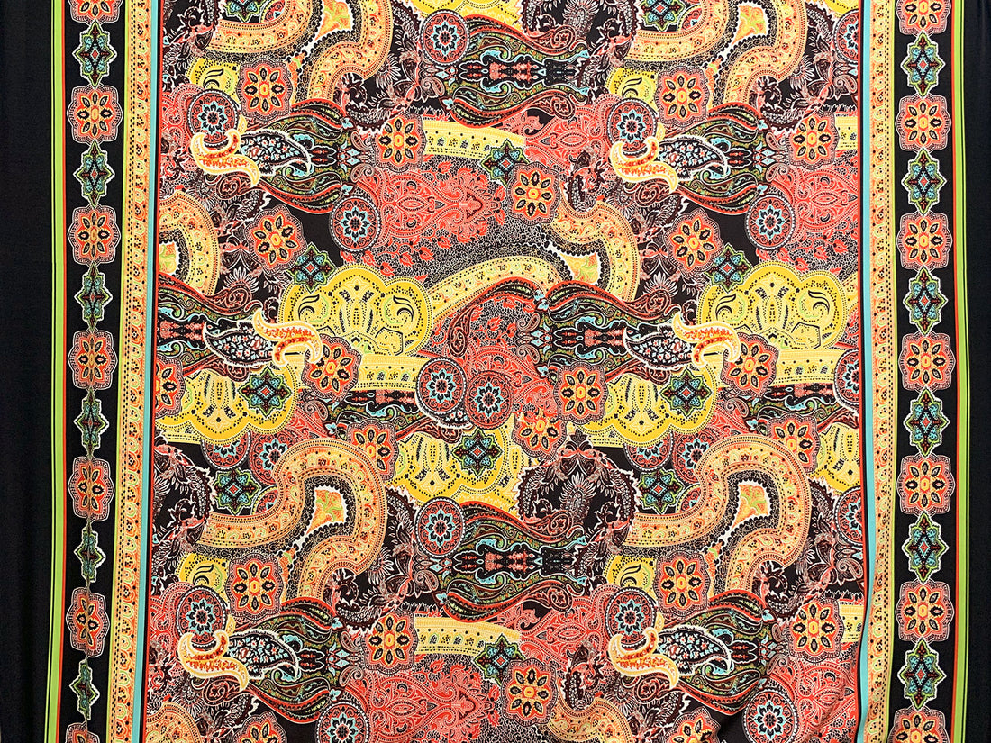 Mango/Black/Vermilion/Multi Polyester/Lycra Double Border Ornate Bohemian Print ITY Knit 59W
