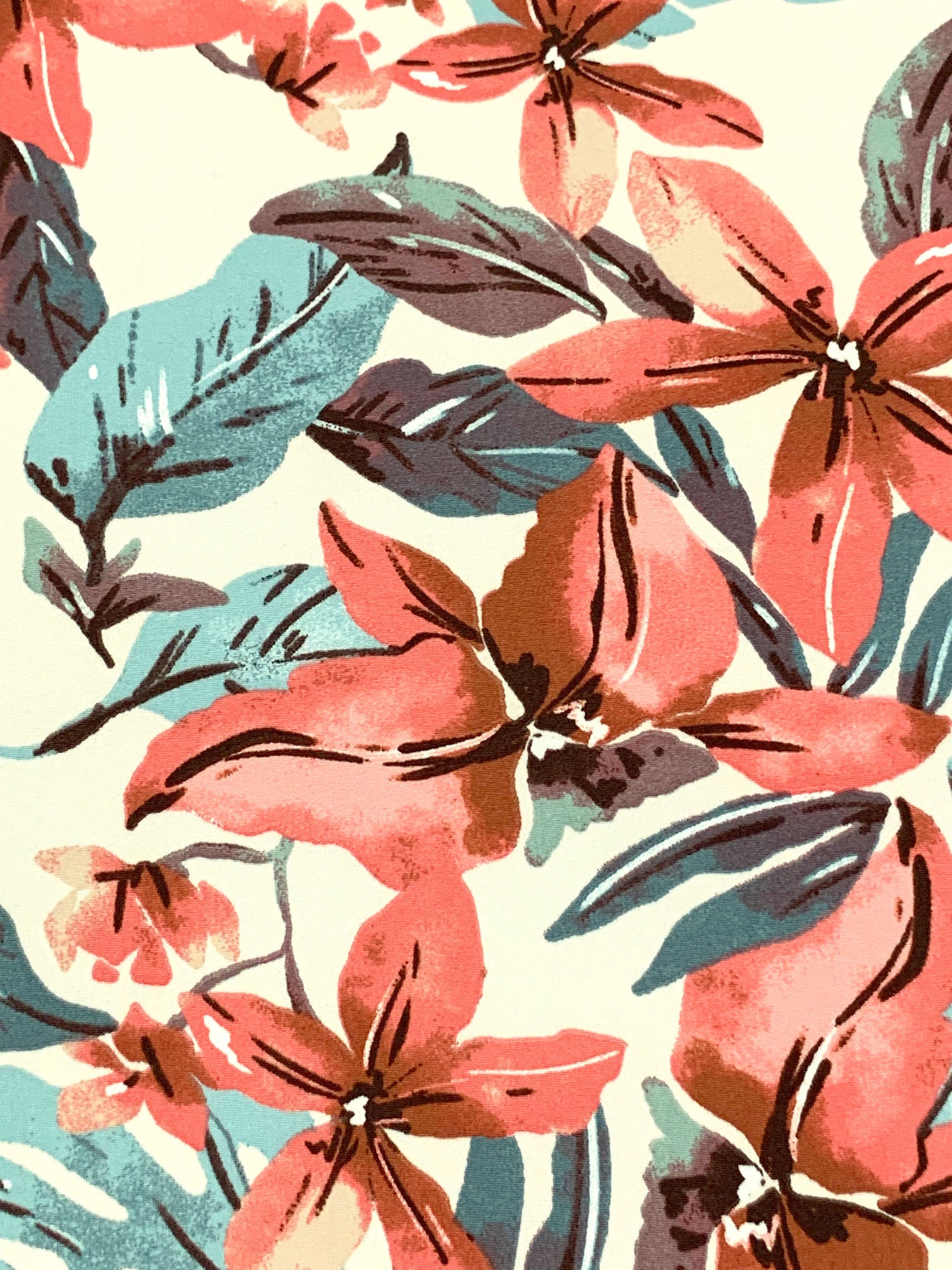 Ivory/Salmon/Steel Teal Polyester/Lycra Floral Print Double