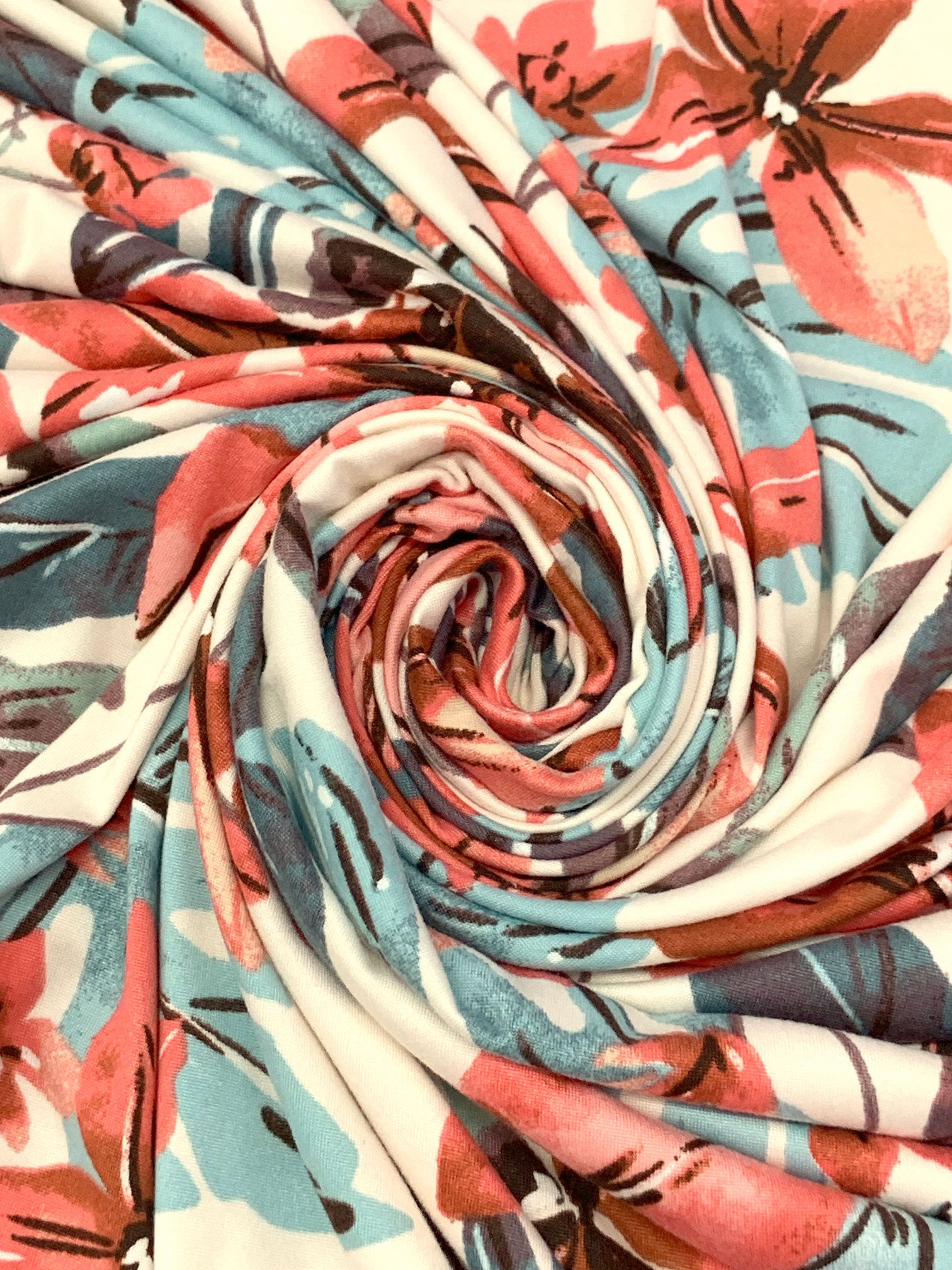 Ivory/Salmon/Steel Teal Polyester/Lycra Floral Print Double