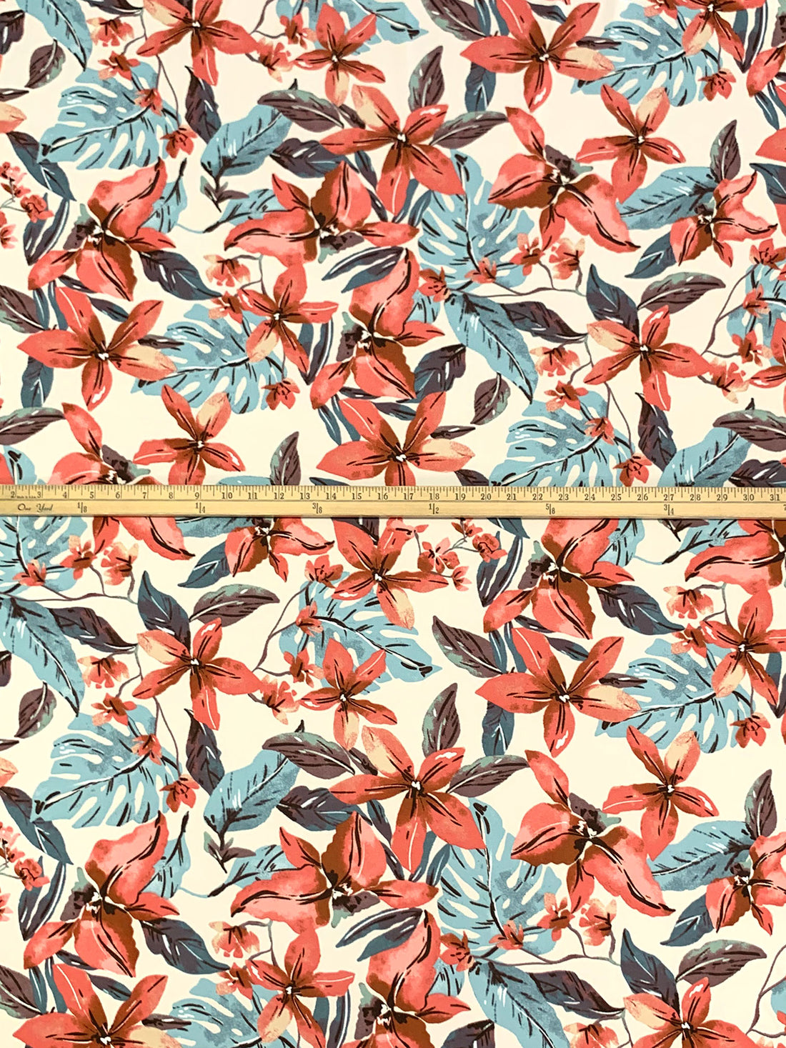 Ivory/Salmon/Steel Teal Polyester/Lycra Floral Print Double Brushed Knit 63W