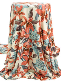 Ivory/Salmon/Steel Teal Polyester/Lycra Floral Print Double Brushed Knit 63W