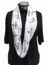 White/Smoke Gray/Pewter Cotton/Spandex Cross Print Infinity Scarf