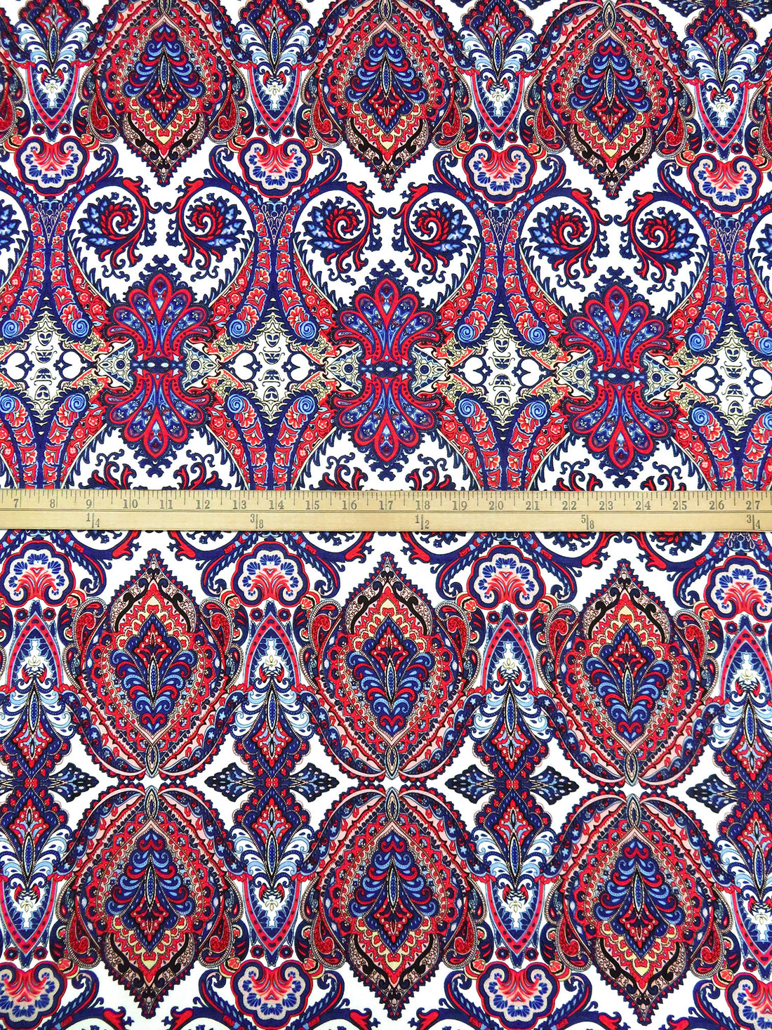 Scarlet/Dark Navy/White/Multi Rayon/Lycra Ornate Print Jersey Knit 60W