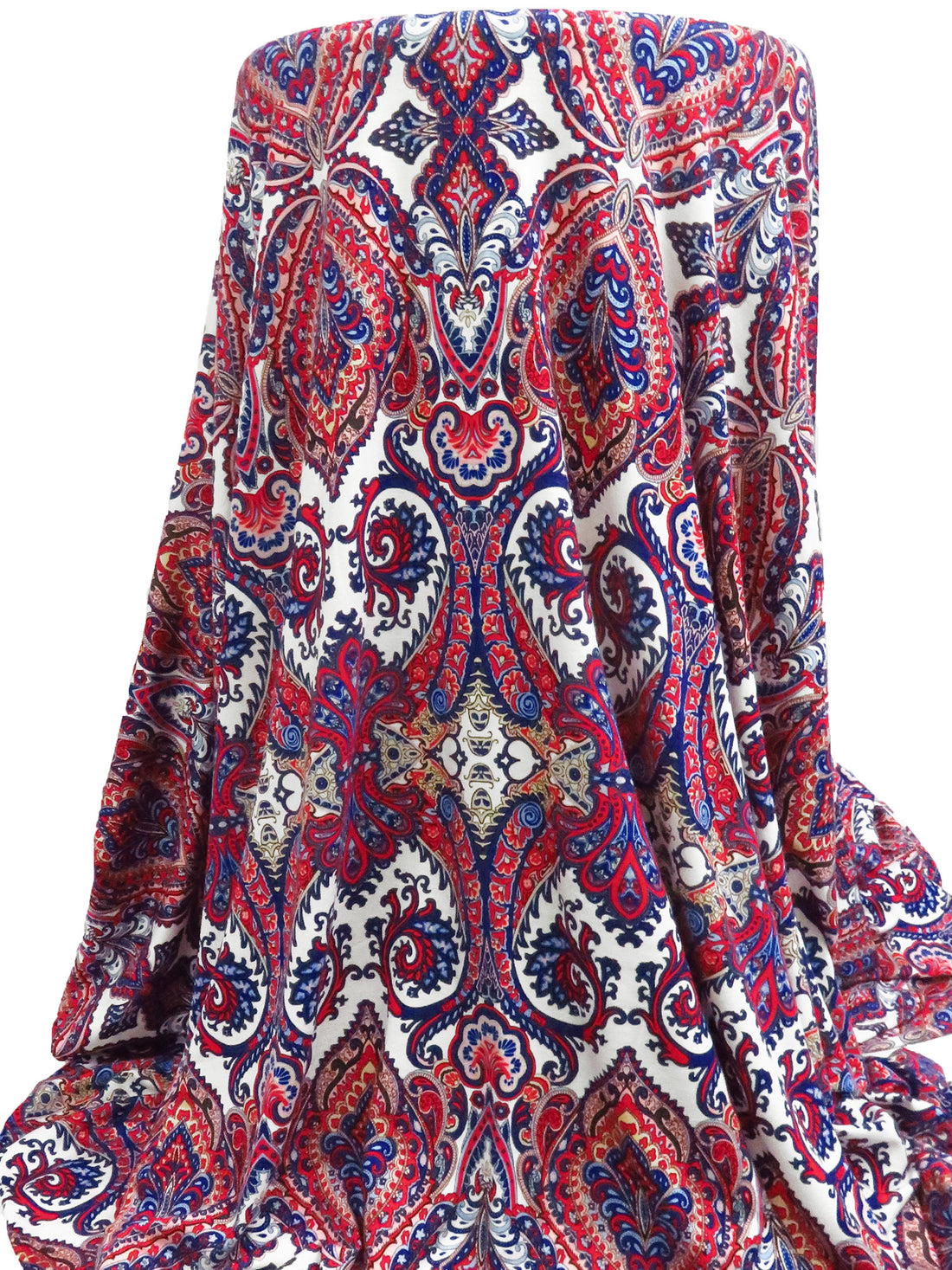 Scarlet/Dark Navy/White/Multi Rayon/Lycra Ornate Print Jersey Knit 60W